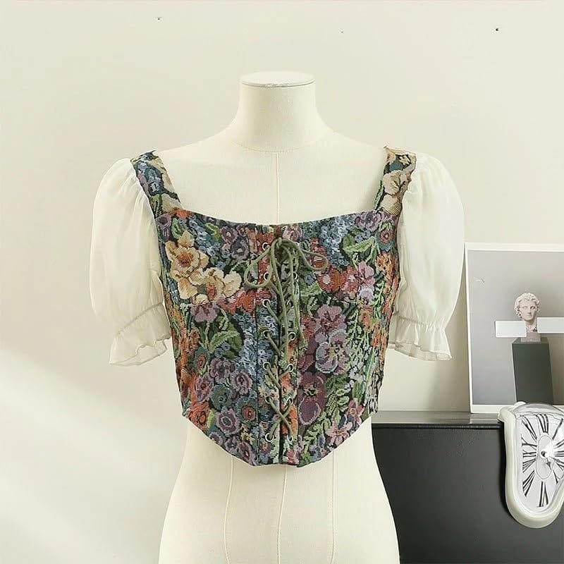 🌸 Vintage Floral Corset Top with Puff Sleeves