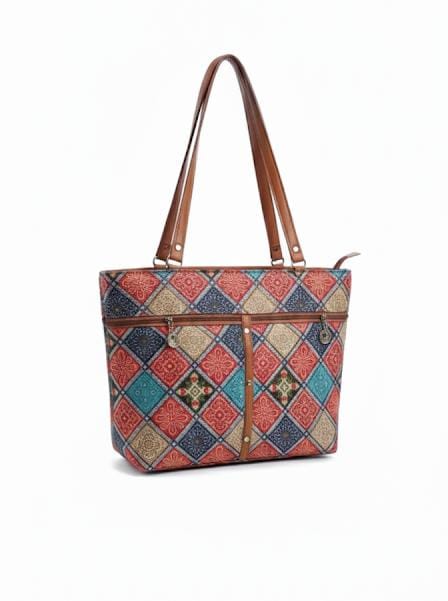 Ethnic Print Tote Bag with Dual Shoulder Straps