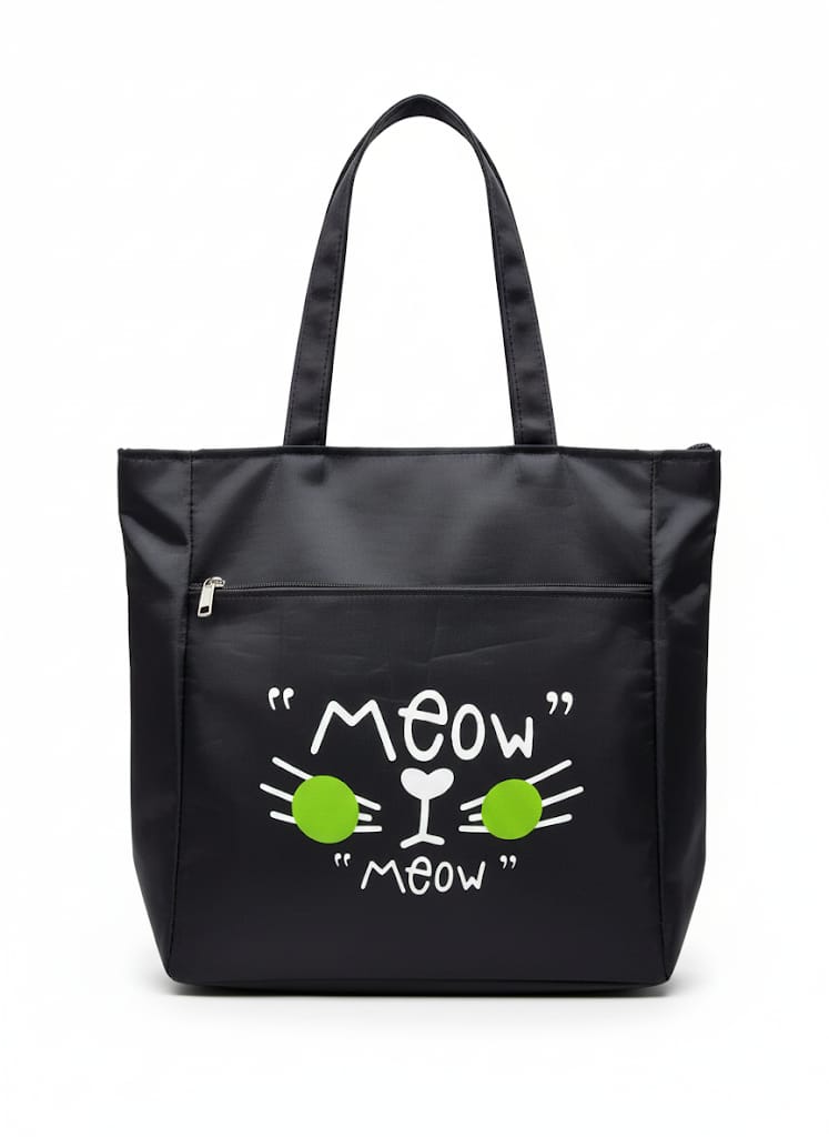 Dark Blue Cat Print Tote Bag – “Meow” Design
